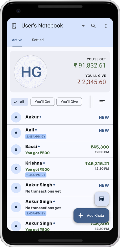 byajKhata app interface